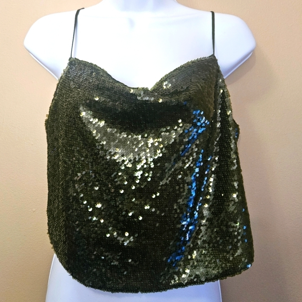 Jaya Apparel Group Women's Size S Croped Sequin Top Green Cowl Neck Y2K